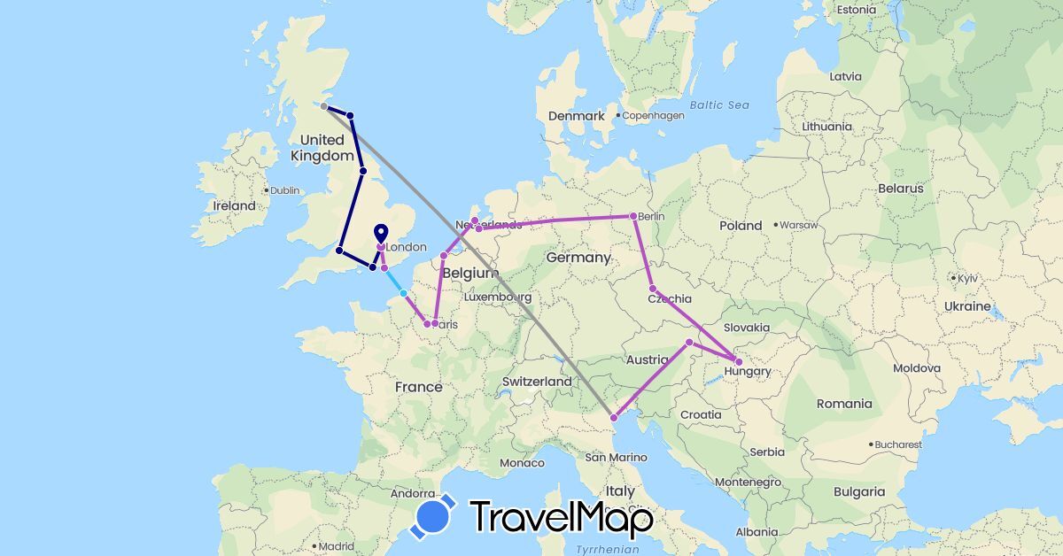 TravelMap itinerary: driving, plane, train, boat in Austria, Belgium, Czech Republic, Germany, France, United Kingdom, Hungary, Italy, Netherlands (Europe)